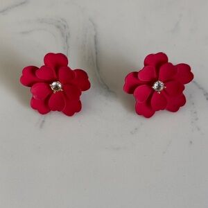 J. Crew Factory red Floral Stud Earrings with Crystal Center